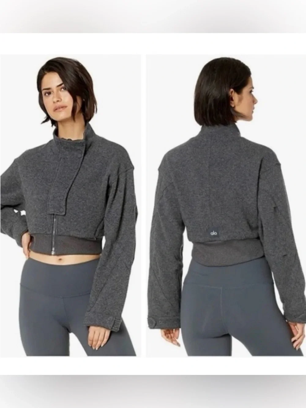 Alo Yoga Strut Cropped Bomber Jacket Anthracite Heather Gray